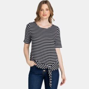 Chico’s Striped Short Sleeve Tie Front Navy White Shirt Size XL